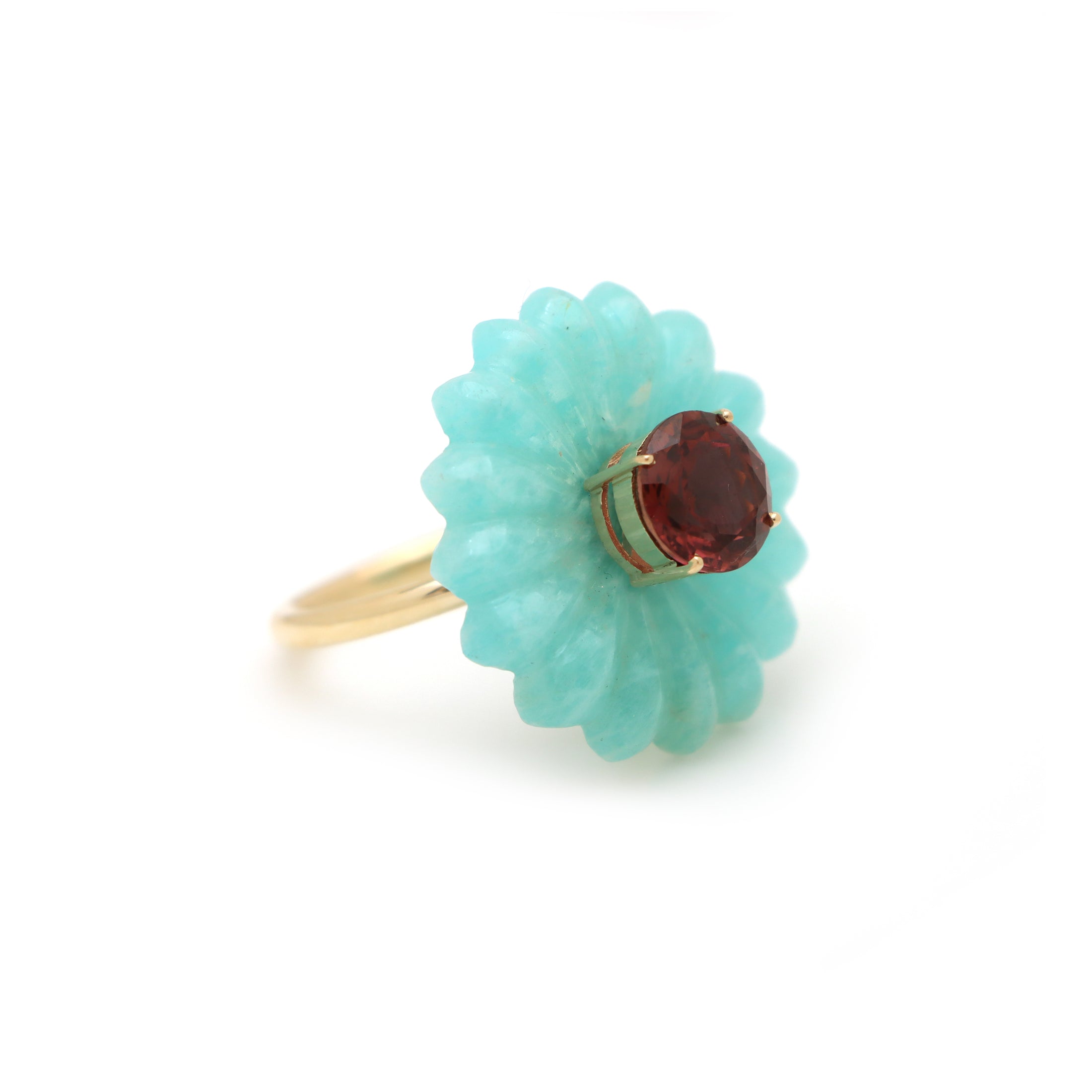 Natural Amazonite and Pink Tourmaline 14K gold ring top view - NFJSD-1560