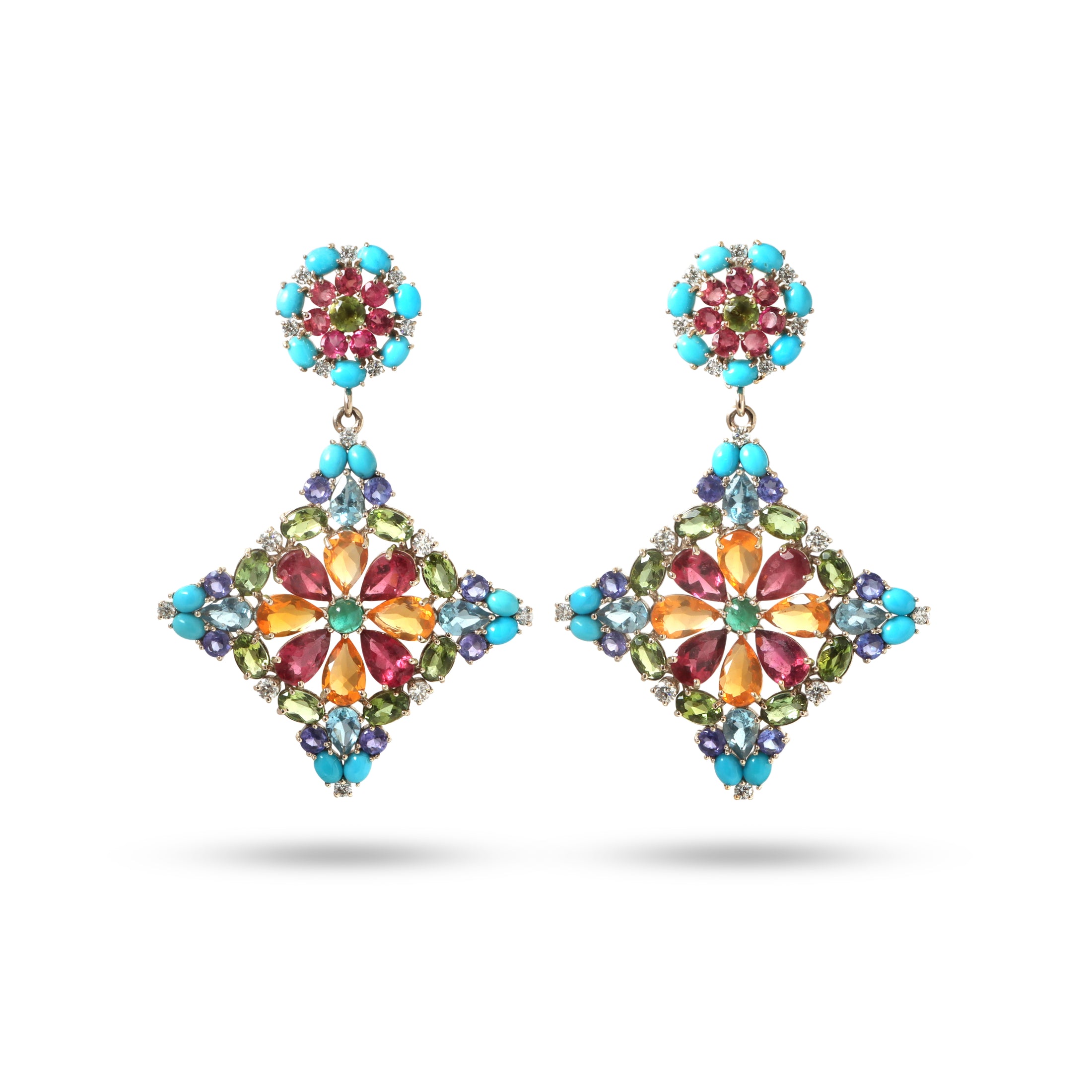 Natural Mix Tourmaline and Turquoise & Tanzanite 18K gold earrings top view - NFJSD-1921