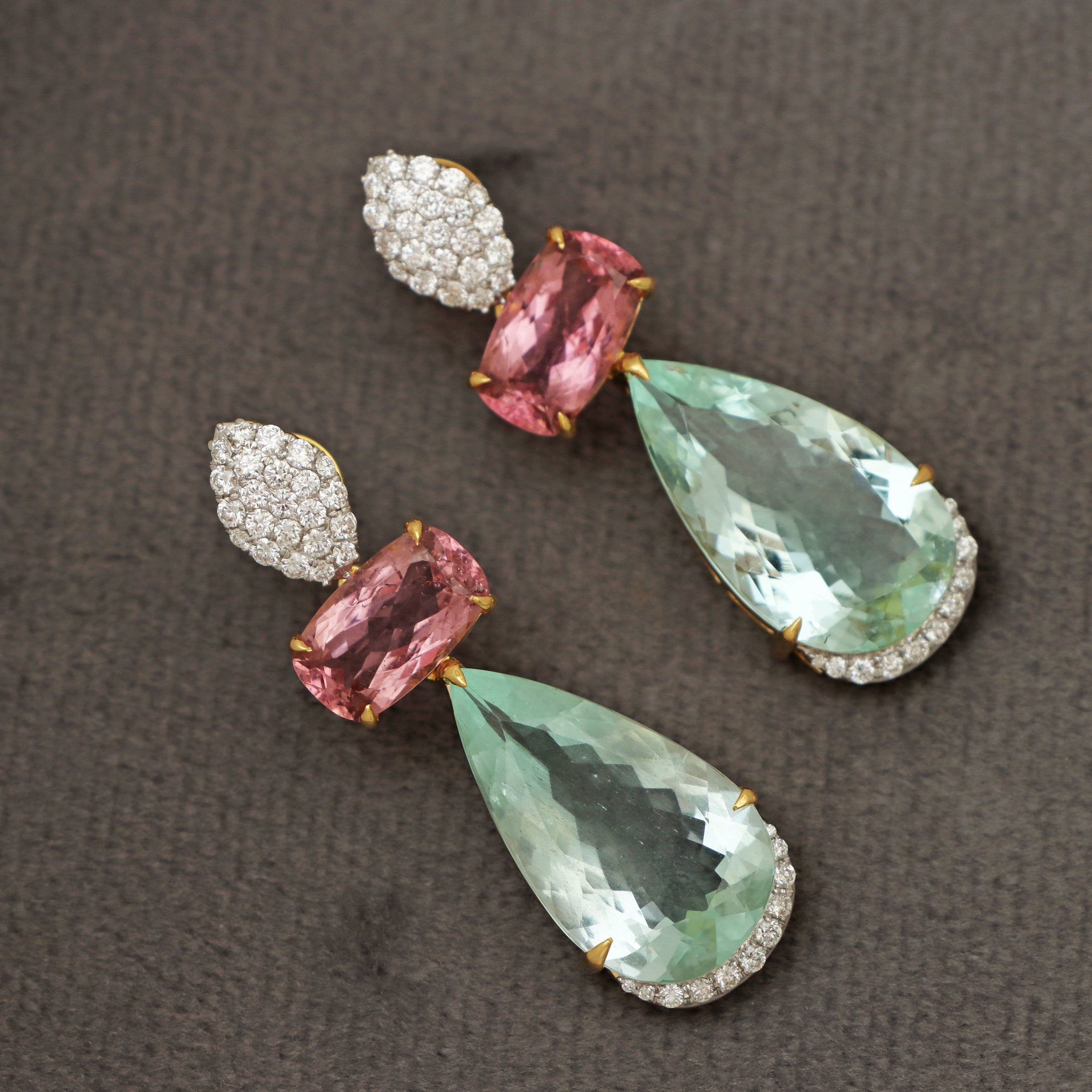 Natural Aquamarine and Tourmaline 18K gold earrings back view - NFJSD-1534