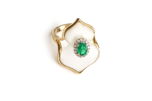 Natural Emerald Oval Cut and Crystal Carving 14K gold ring front view - NFJSD-1353