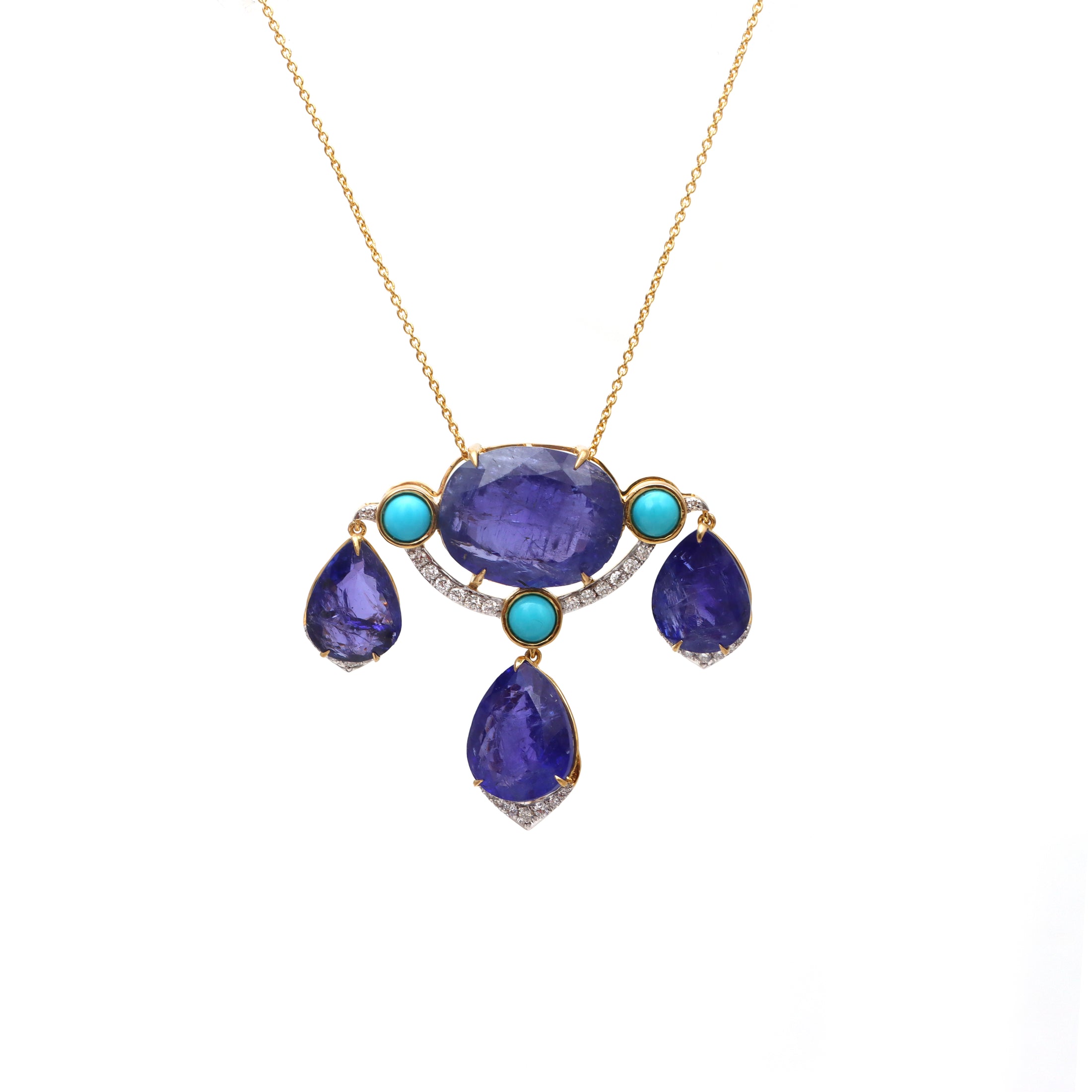 Natural Turquoise and Tanzanite 18K gold necklace top view - NFJSD-1751