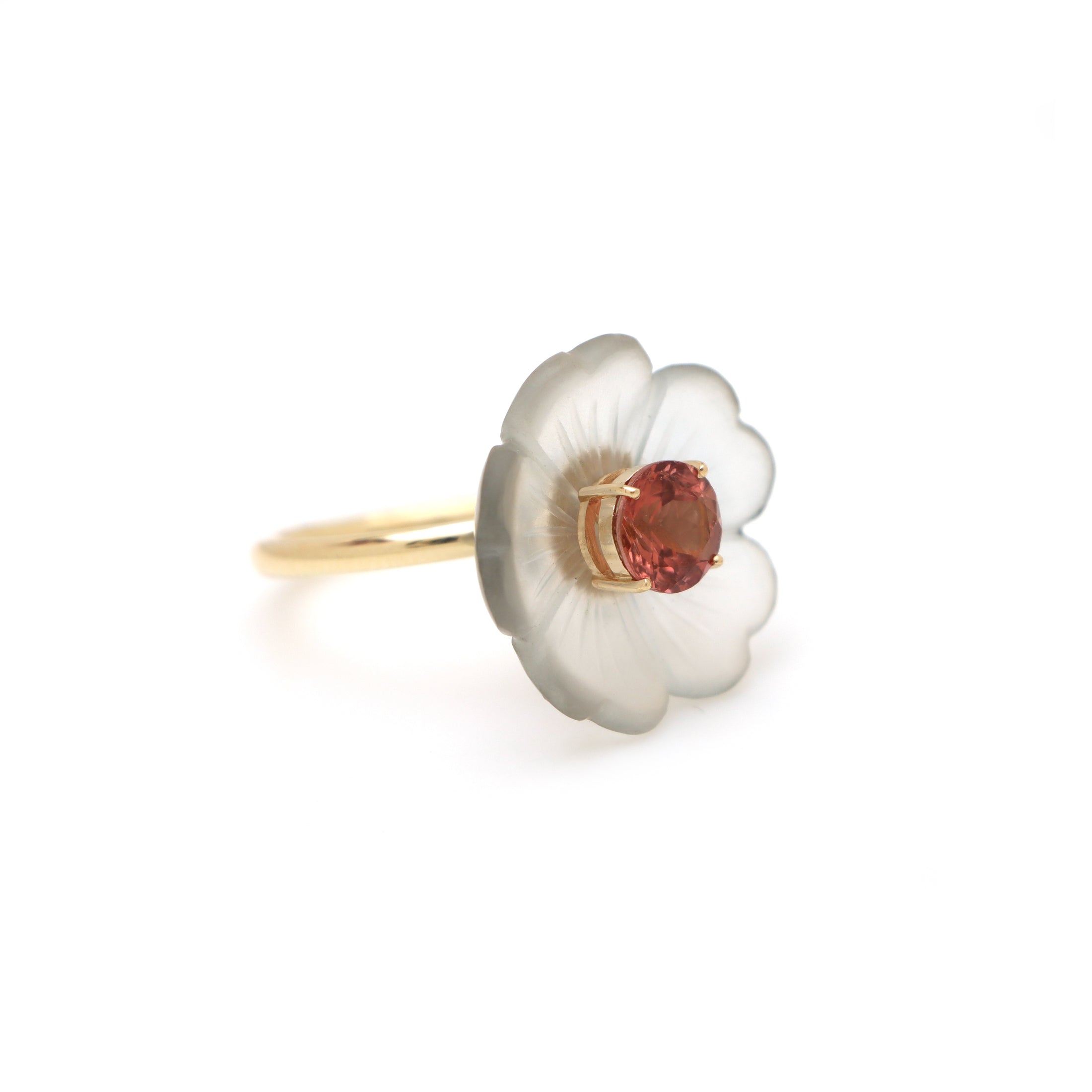 Natural Crystal Carving and Pink Tourmaline 14K gold ring top view - NFJSD-1553