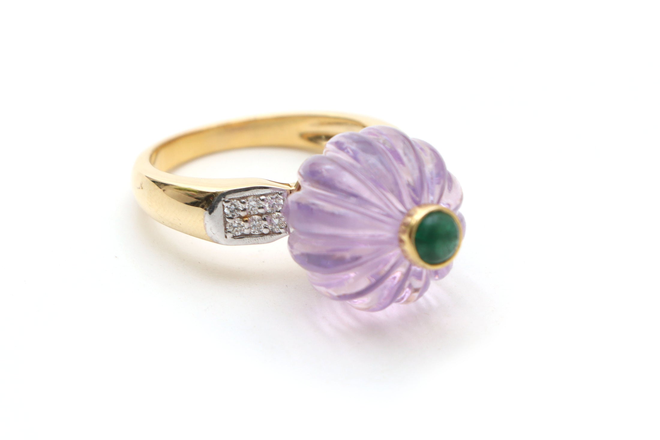 Natural Amethyst Carving and Emerald Round Cabs 14K gold ring front view - NFJSD-1012