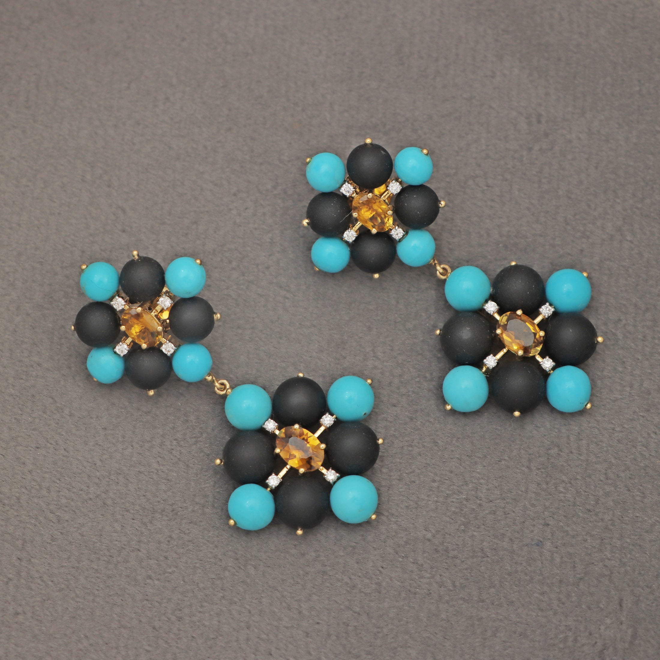 Natural Black Onyx and Turquoise 18K gold earrings back view - NFJSD-1542