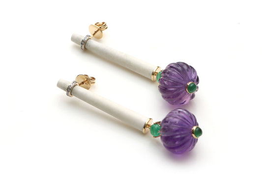 Natural White Agate Tube and Amethyst Carving Balls 14K gold earrings front view - NFJSD-1151