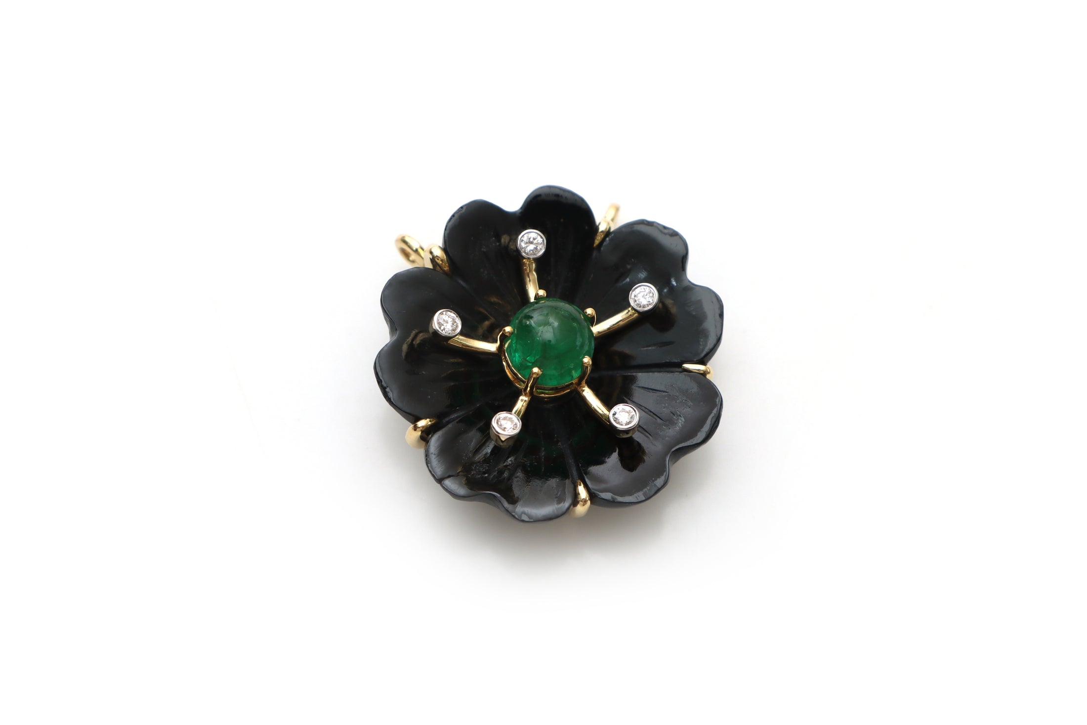 Natural Emerald Round cabs and Black Onyx Carving Flower 14K gold pendant front view - NFJSD-1176