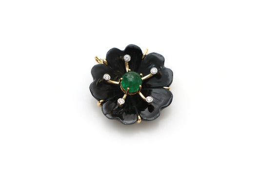 Natural Emerald Round cabs and Black Onyx Carving Flower 14K gold pendant front view - NFJSD-1176