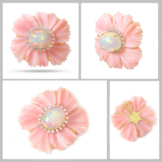 Natural Pink Opal and Ethiopian Opal 18K gold pendant side angle - NFJSD-1861