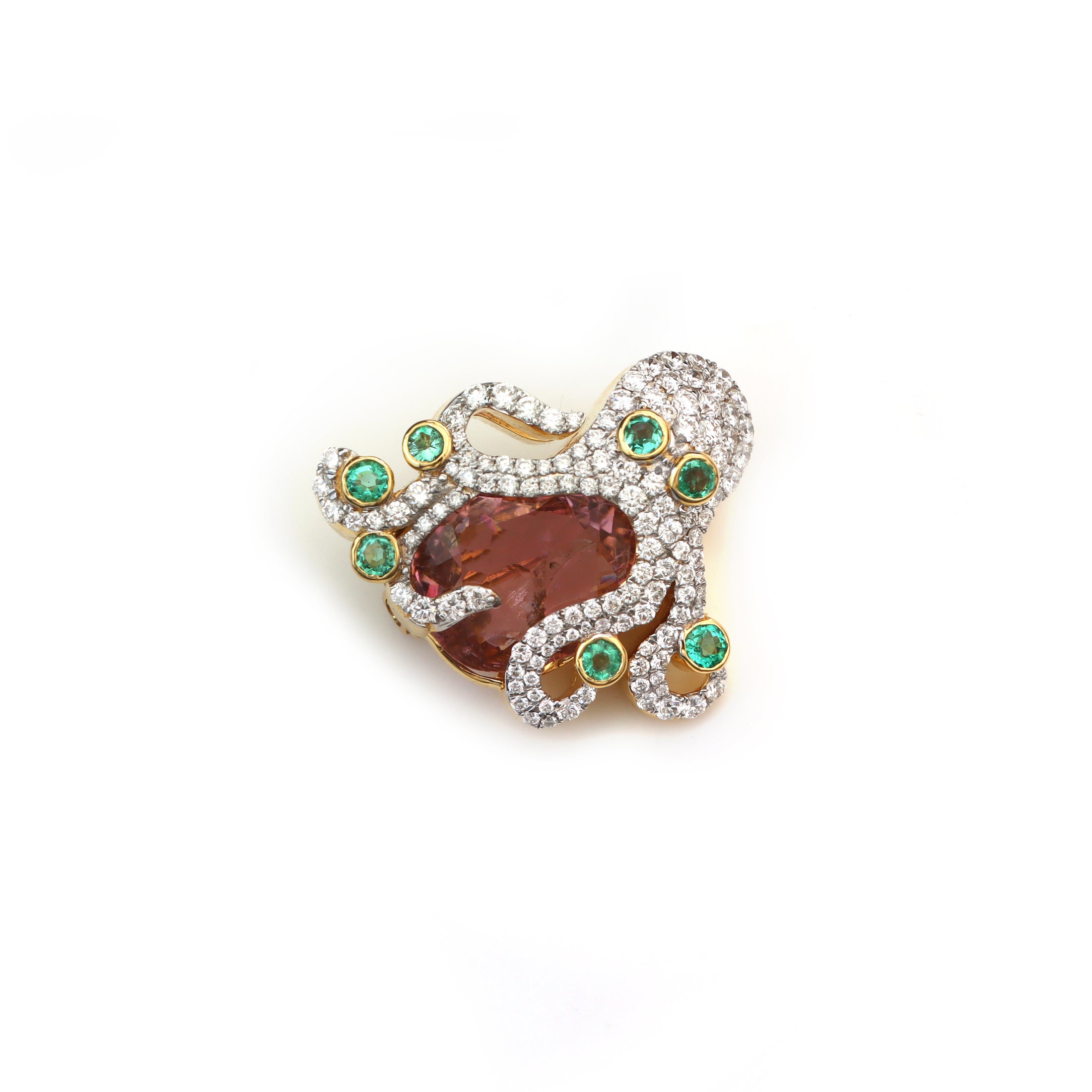 Natural Tourmaline and Emerald 18K gold brooch lifestyle shot - NFJSD-1787