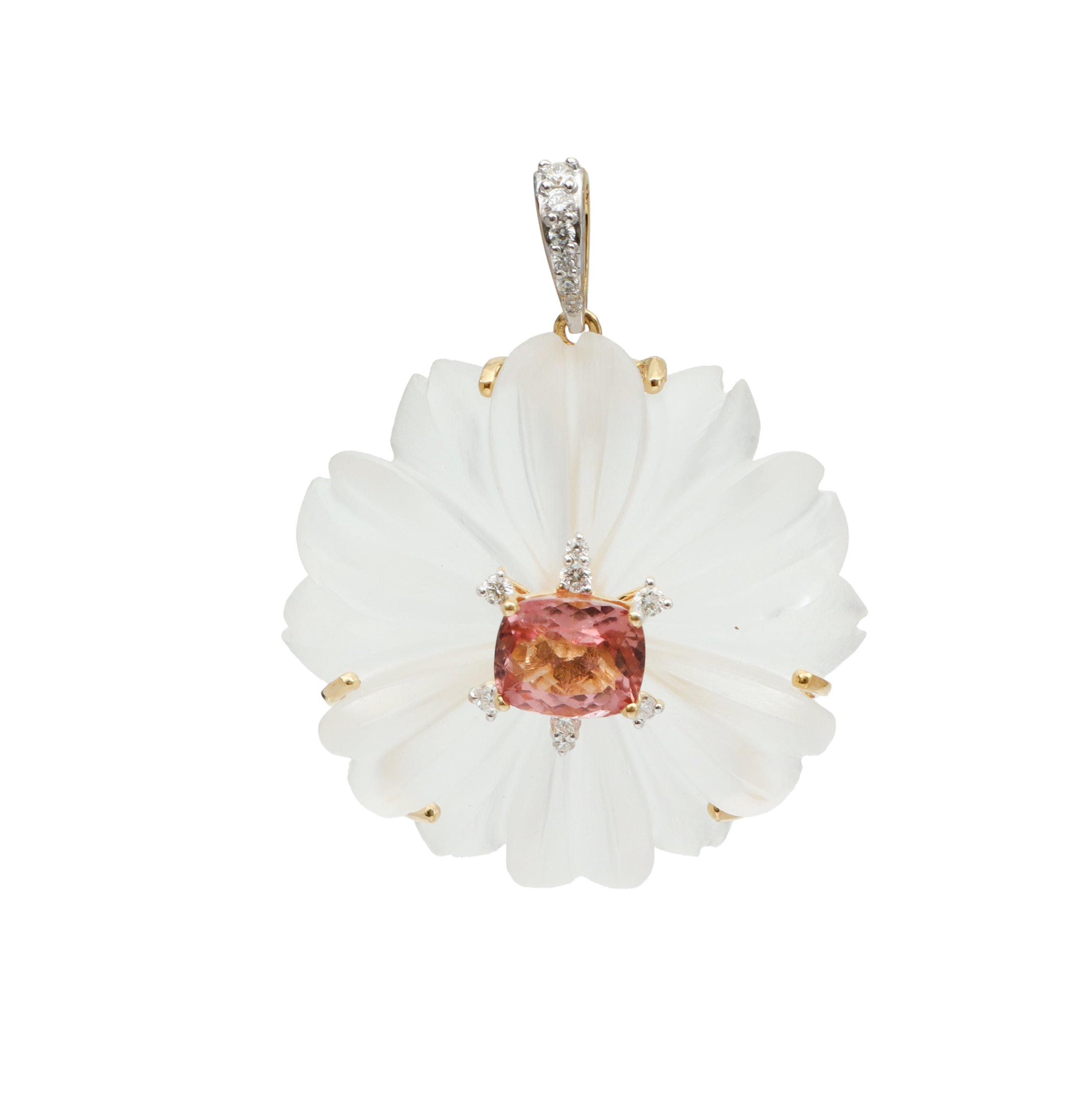 Natural Crystal Carving and Tourmaline 18K gold pendant front view - NFJSD-1725