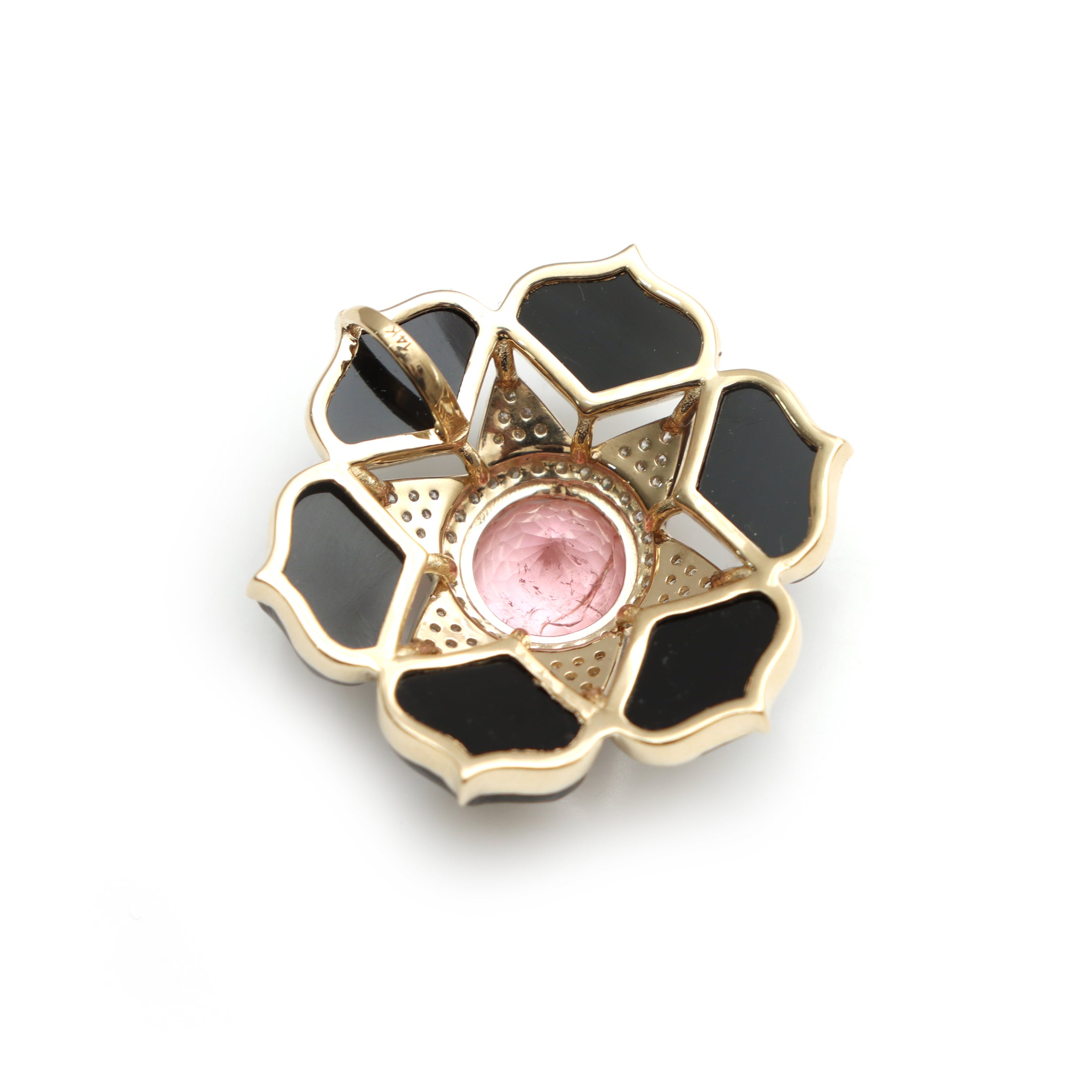 Natural Tourmaline Oval Cut and Black Onyx Leaf 14K gold pendant back view - NFJSD-1243