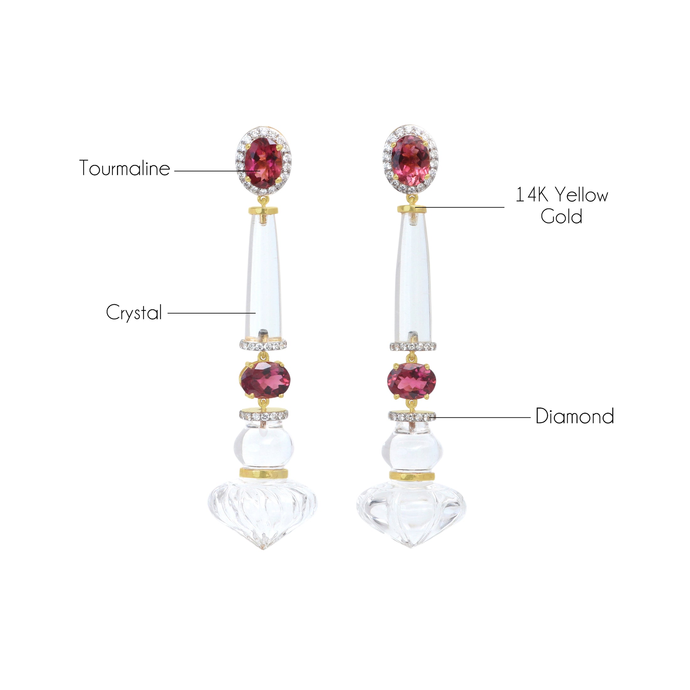 Natural Crystal and Tourmaline 14K gold earrings side angle - NFJSD-1829