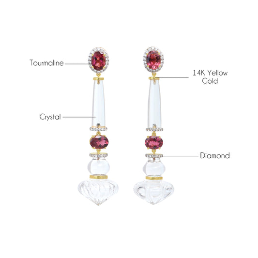 Natural Crystal and Tourmaline 14K gold earrings side angle - NFJSD-1829