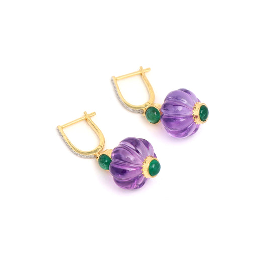 Natural Amethyst and Emerald 18K gold earrings side angle - NFJSD-1777