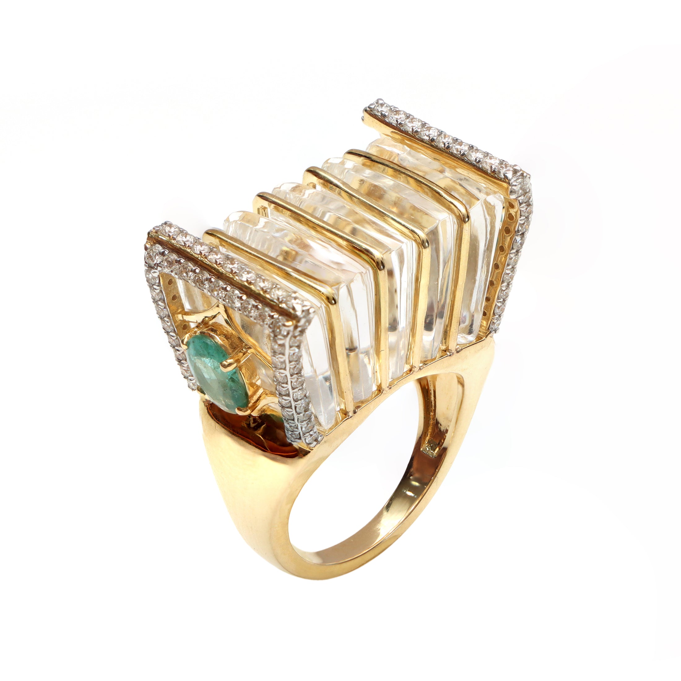 Natural Crystal Carving and Emerald Oval Cut 14K gold ring close-up detail - NFJSD-1144
