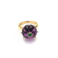 Load image into Gallery viewer, Natural Amethyst Carving and Emerald Round Cabs 14K gold ring close-up detail - NFJSD-1018
