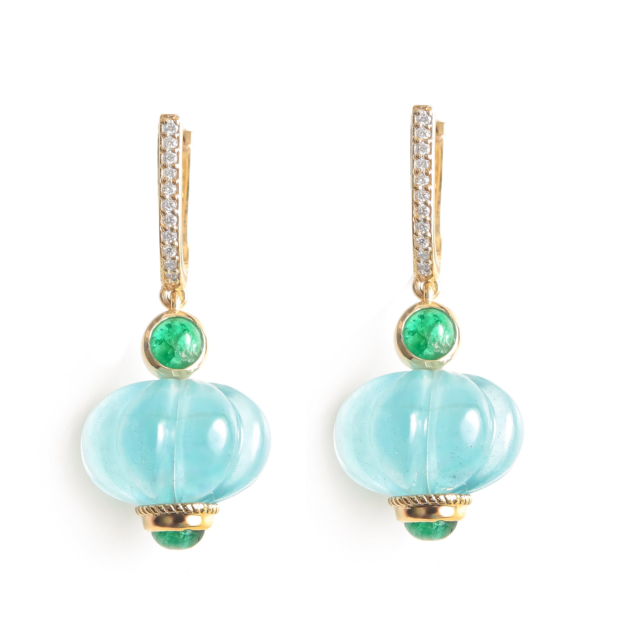 Natural Aquamarine and Emerald 14K gold earrings front view - NFJSD-2008