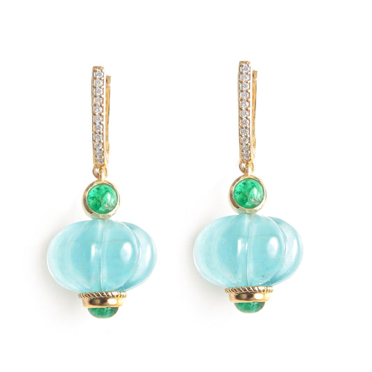 Natural Aquamarine and Emerald 14K gold earrings front view - NFJSD-2008