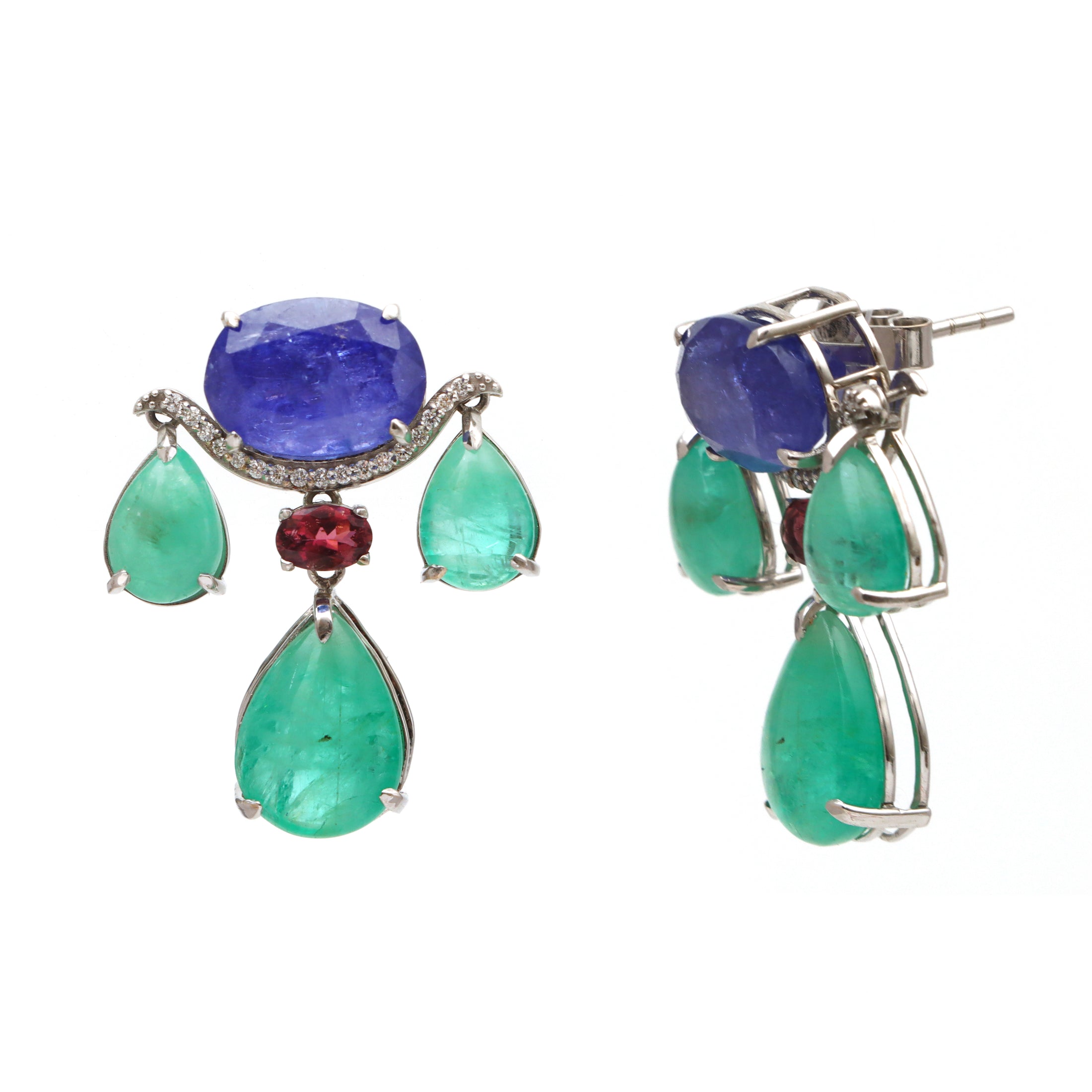 Natural Tanzanite Oval and Emerald 18K gold earrings back view - NFJSD-1637