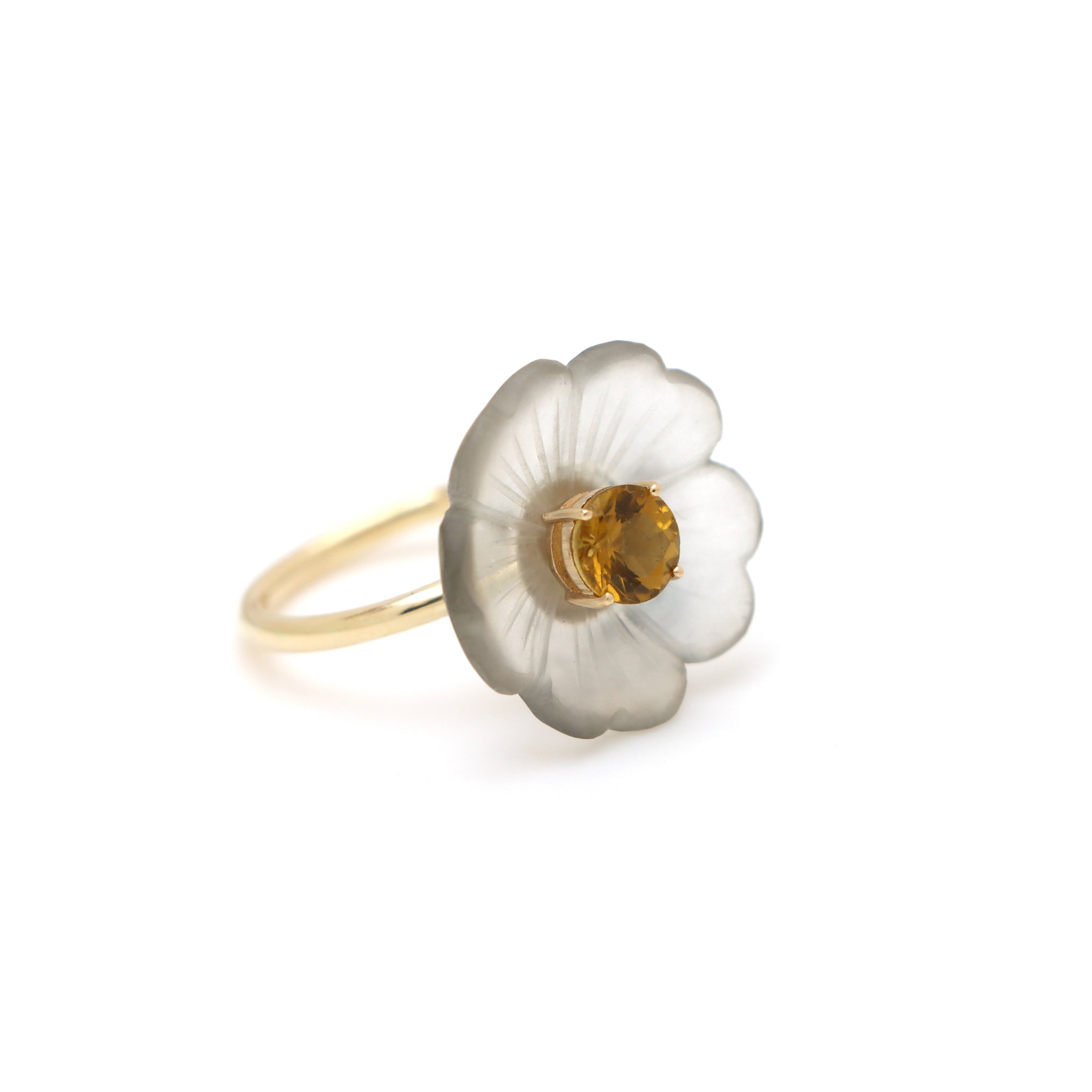 Natural Crystal Carving and Yellow Tourmaline 14K gold ring side angle - NFJSD-1557