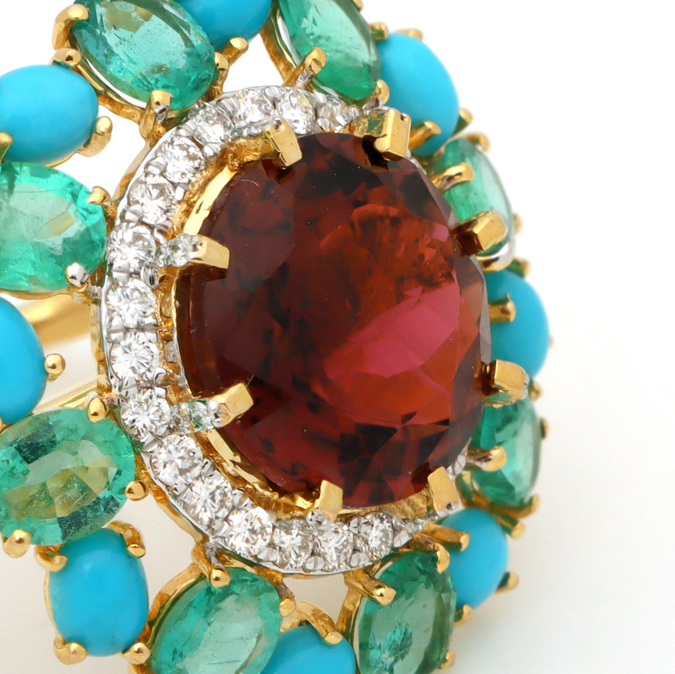 Natural Emerald and Rubylite 18K gold ring top view - NFJSD-1654