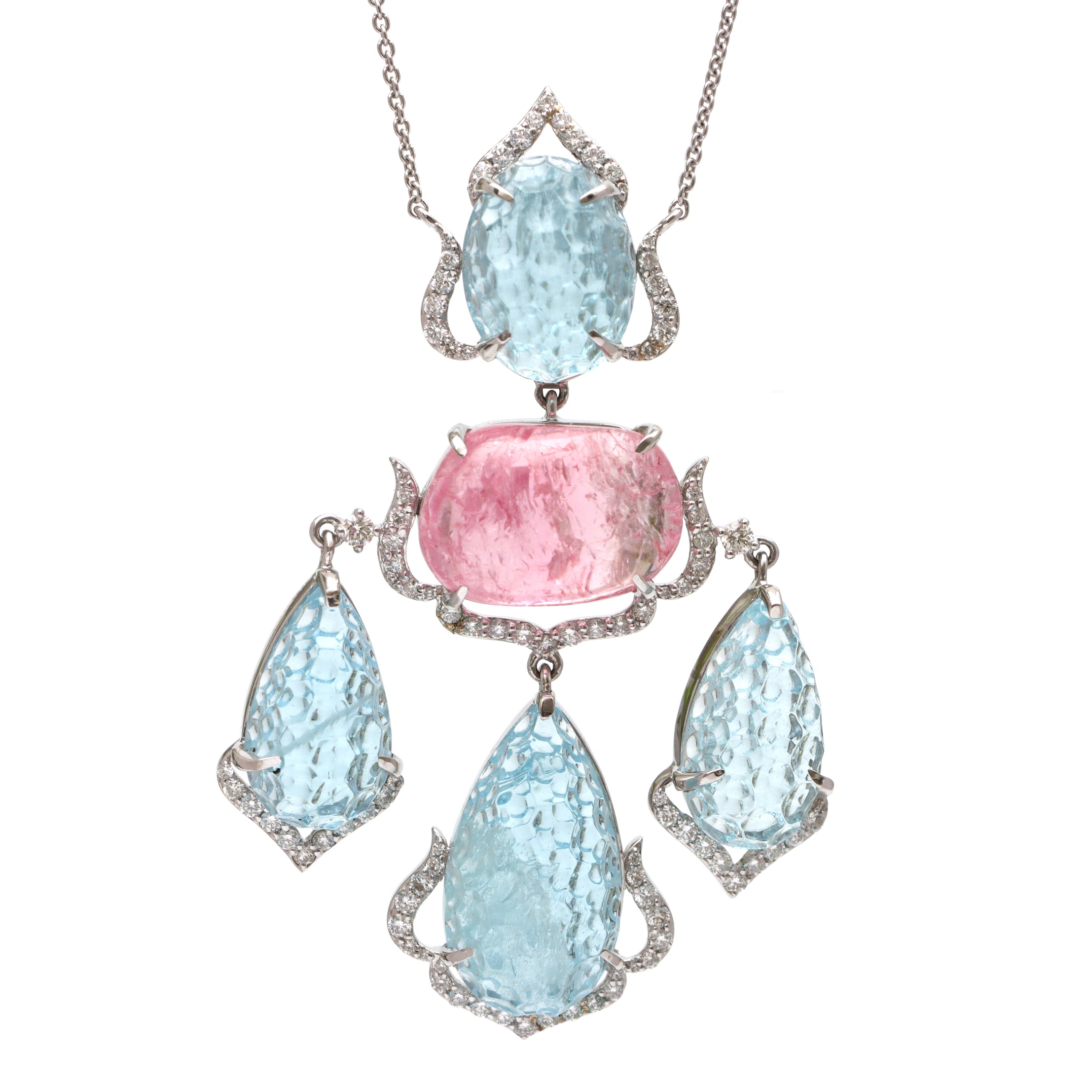 Natural Aqua and Tourmaline 18K gold necklace close-up detail - NFJSD-1679