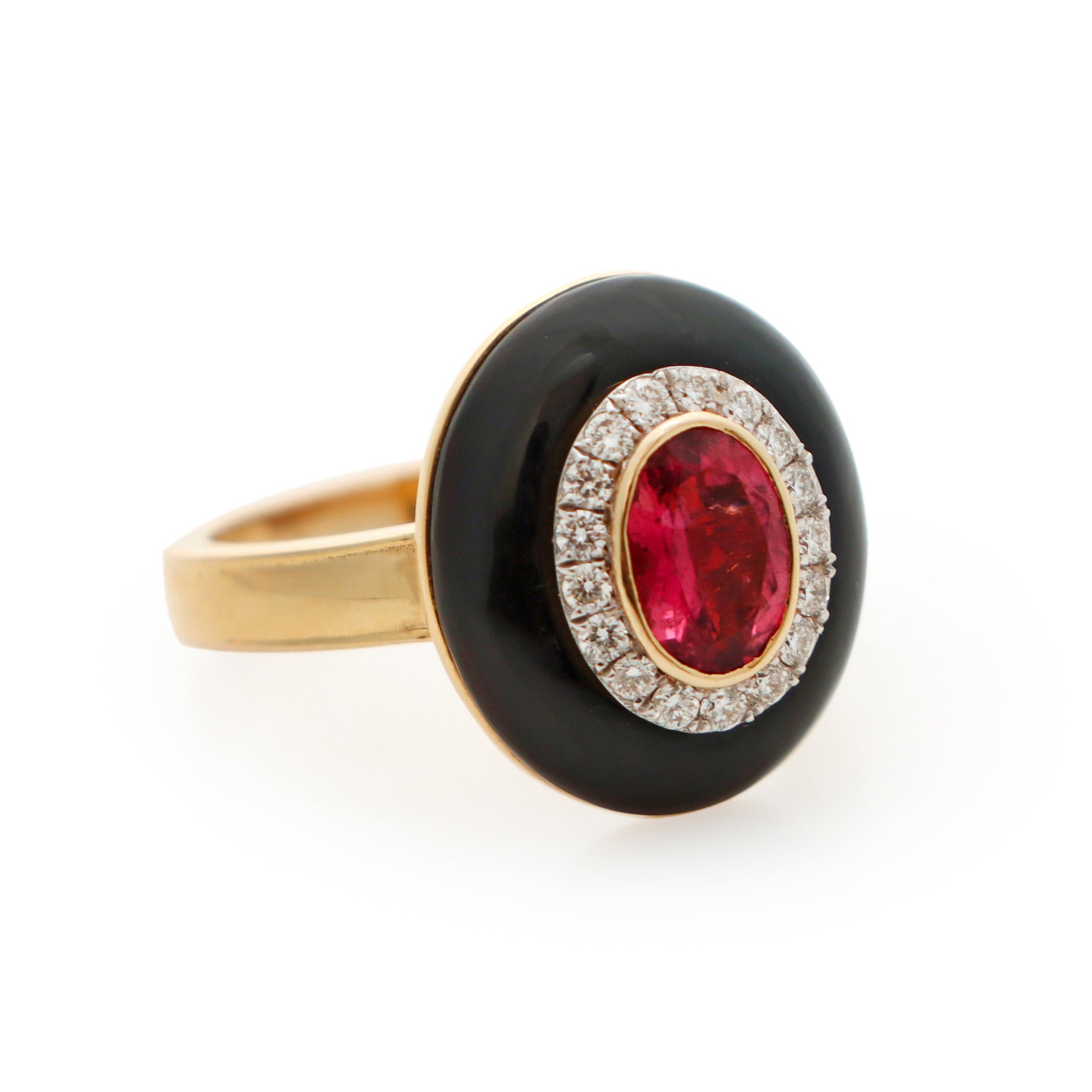 Natural Pink Tourmaline Oval Cut and Black Onyx Frame 14K gold ring close-up detail - NFJSD-1241