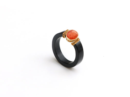 Natural Black Onyx and Sun Stone 14K gold ring front view - NFJSD-1664