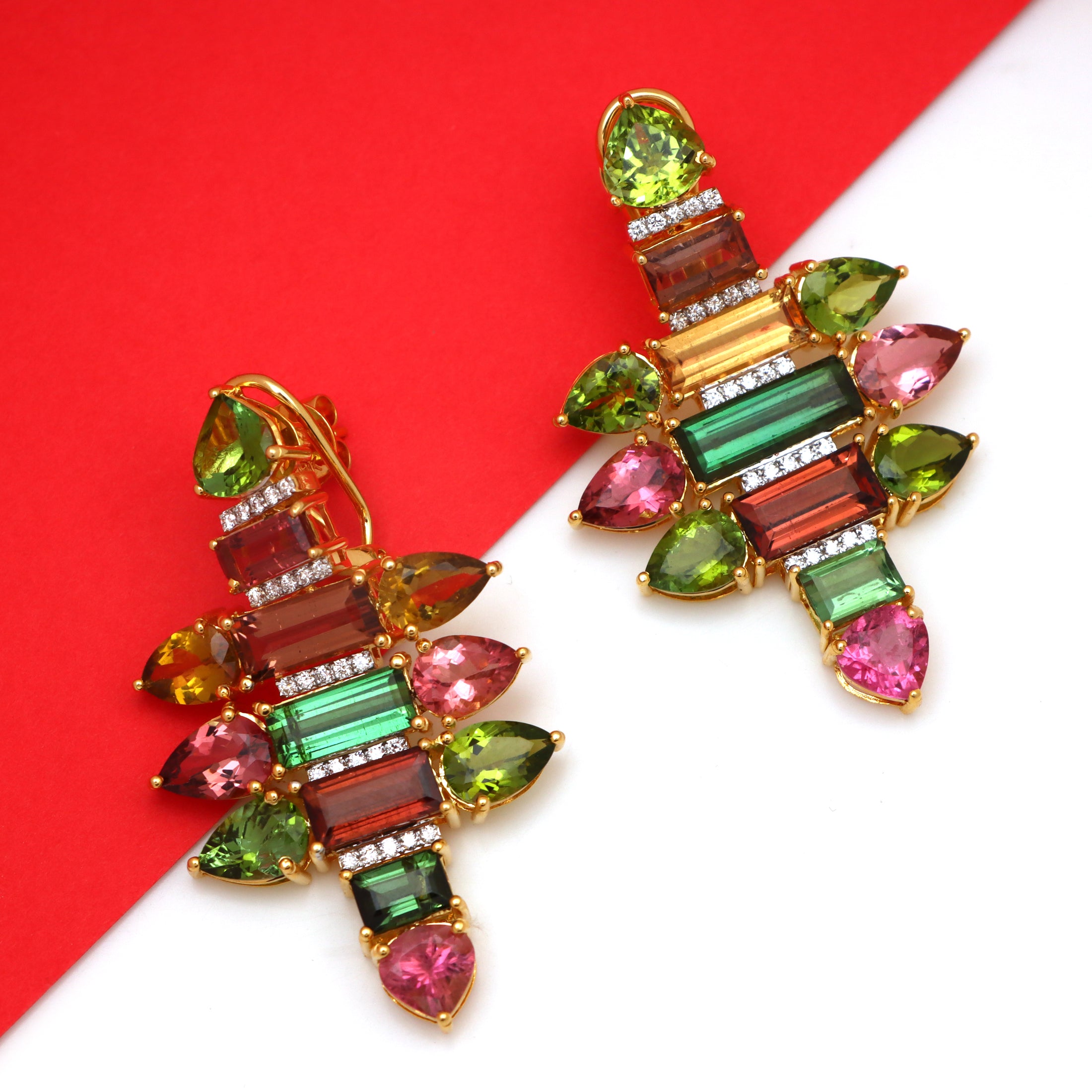 Natural Tourmaline 18K gold earrings side angle - NFJSD-1579