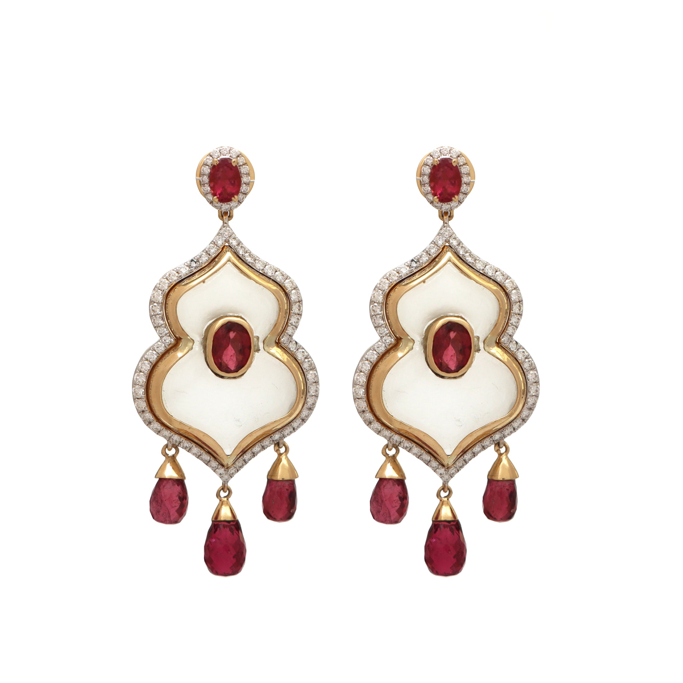 Natural Tourmaline Oval & Drops Cut and Crystal Carving 14K gold earrings top view - NFJSD-1057