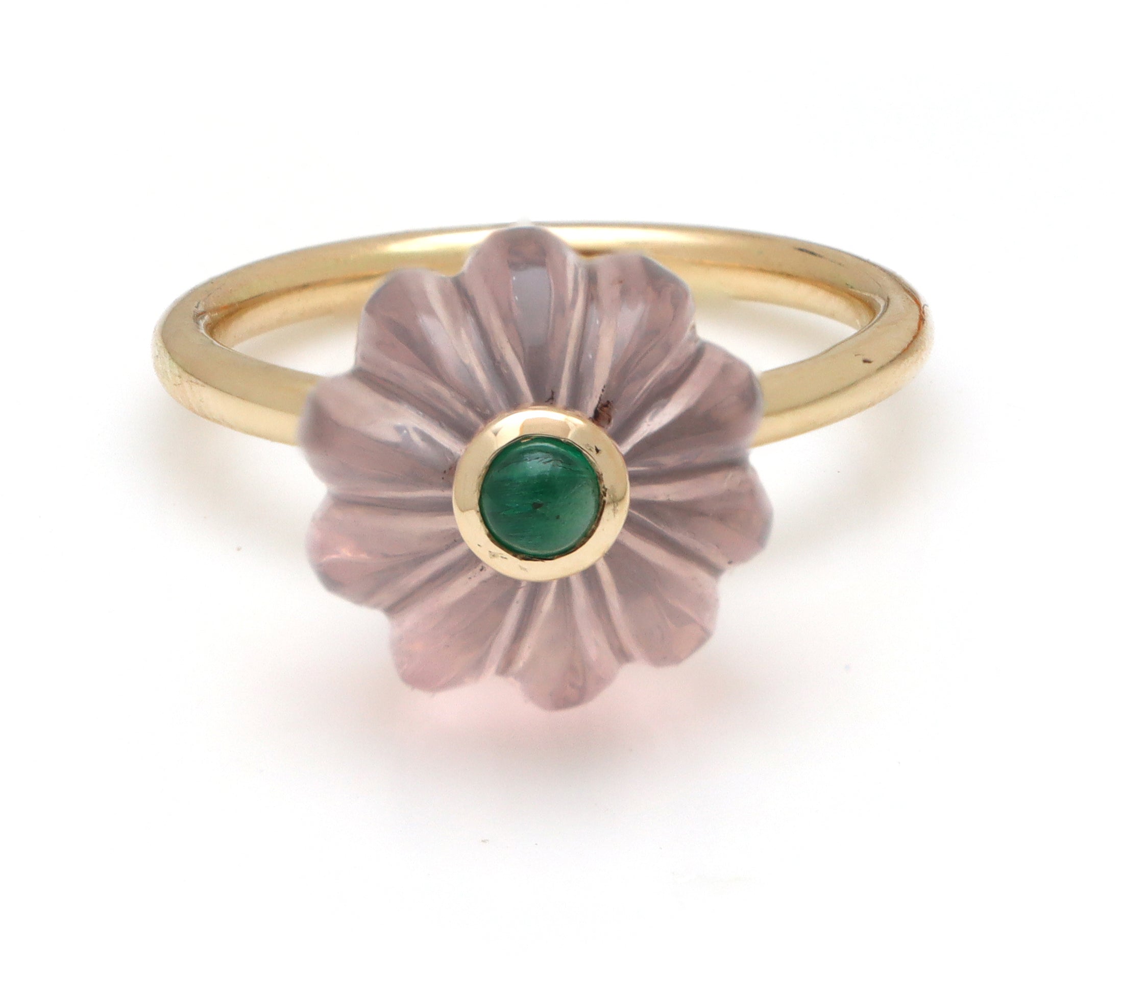 Natural Rose Quartz and Emerald 14K gold ring back view - NFJSD-1685