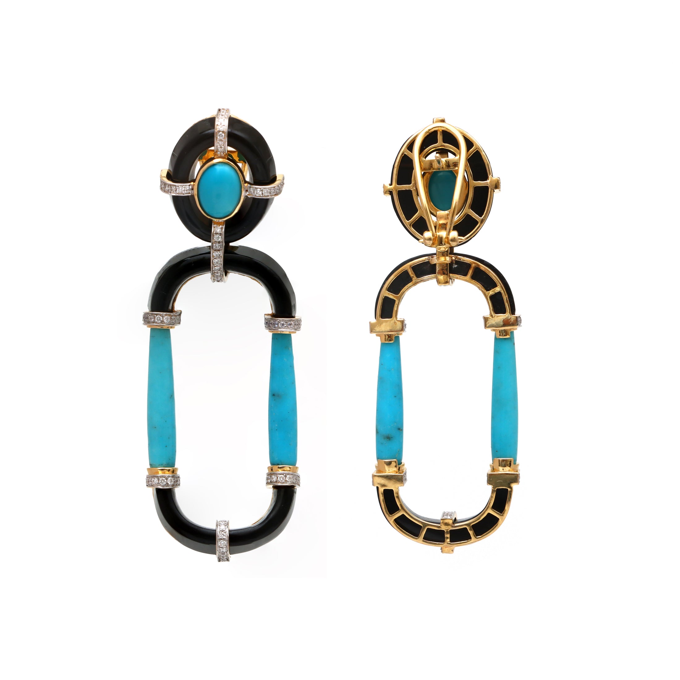 Natural Black Onyx and Turquoise 18K gold earrings top view - NFJSD-1762