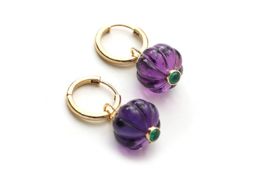 Natural Amethyst Carving and Emerald Cab 14K gold earrings front view - NFJSD-1008