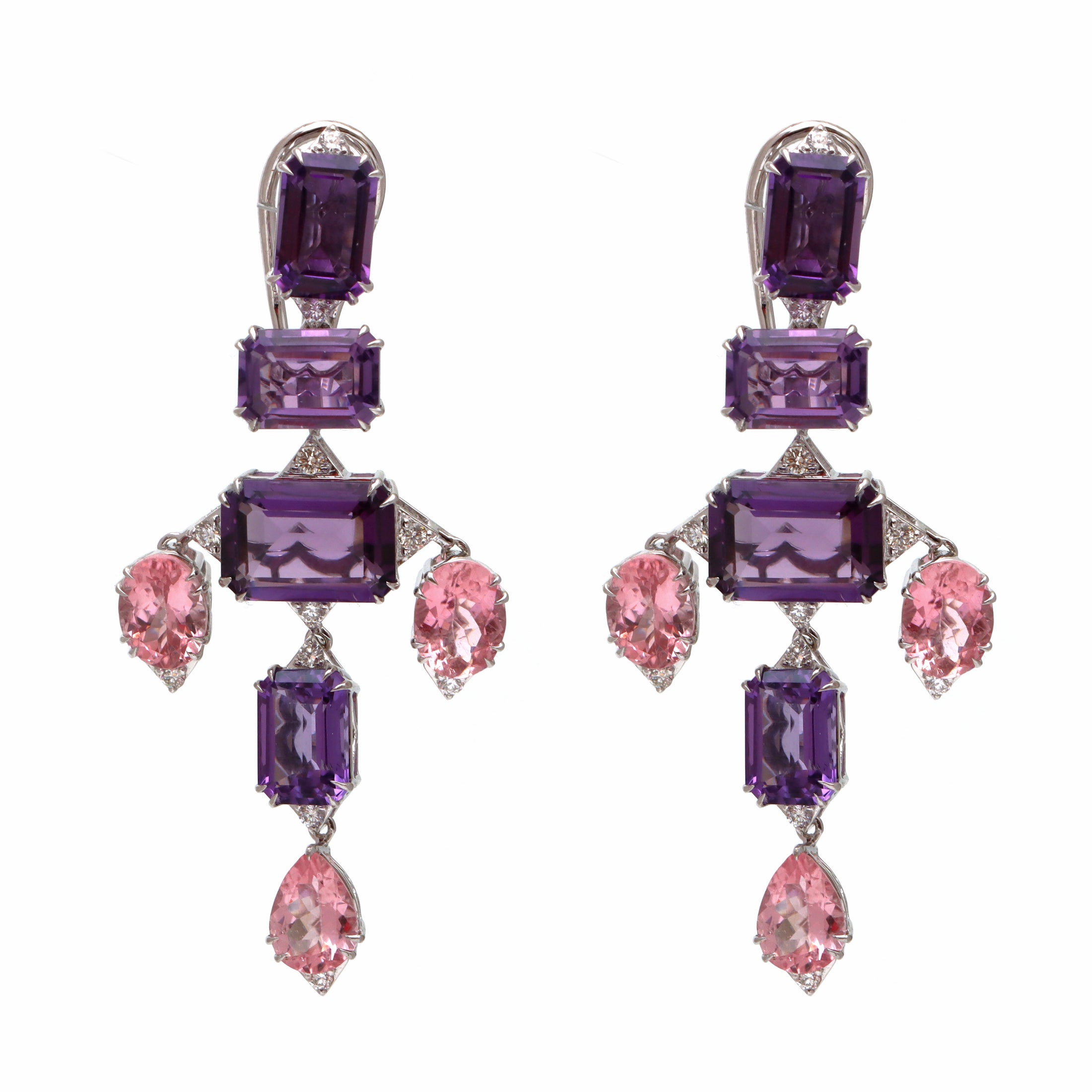 Natural Amethyst and Tourmaline 18K gold earrings top view - NFJSD-1689
