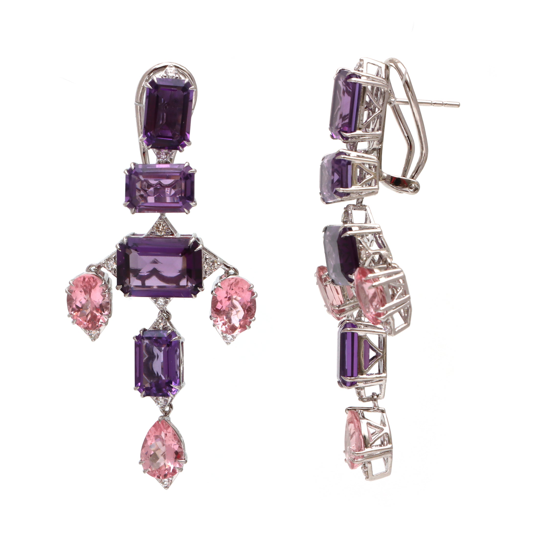 Natural Amethyst and Tourmaline 18K gold earrings close-up detail - NFJSD-1689