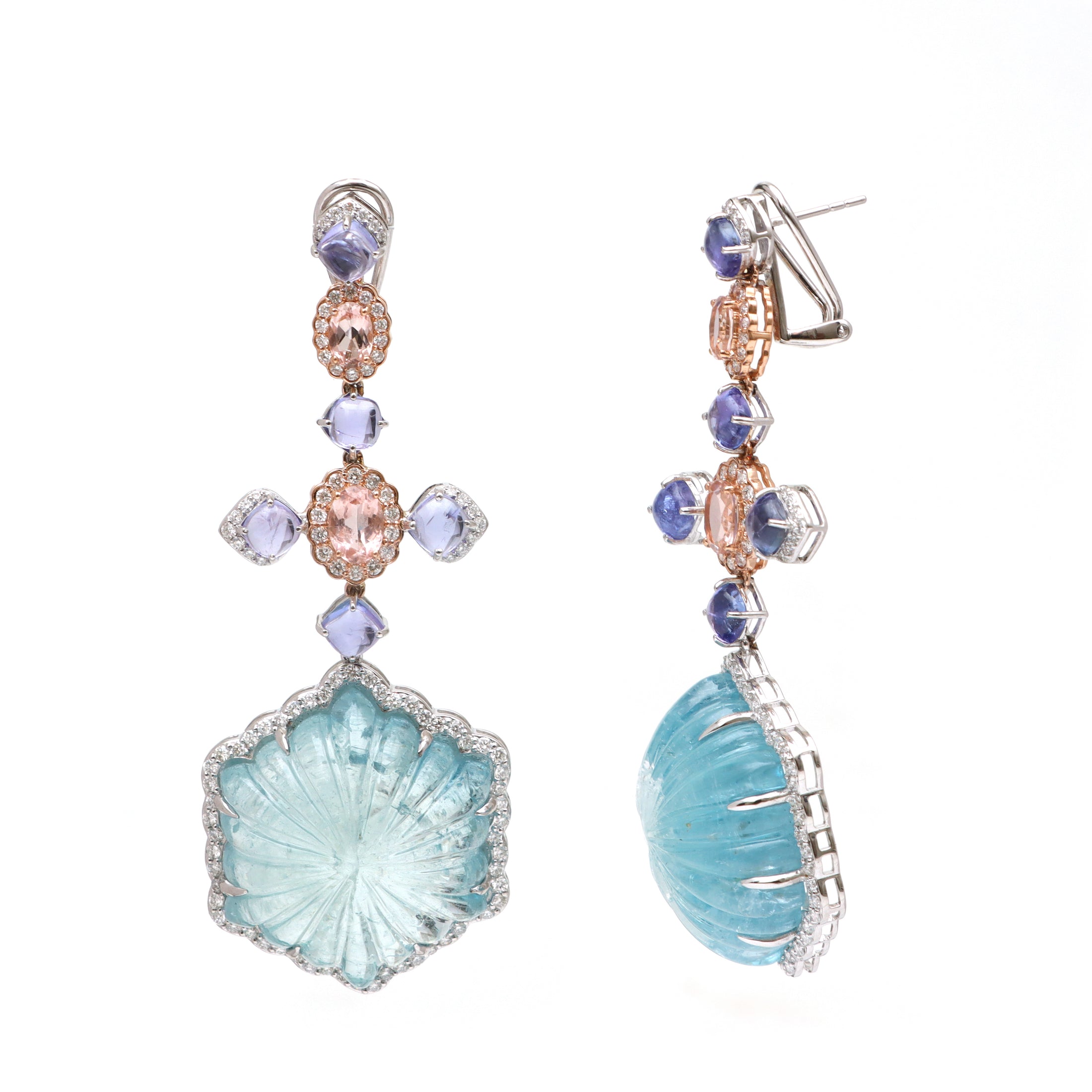 Natural Aqua and Tourmaline 18K gold earrings top view - NFJSD-1723