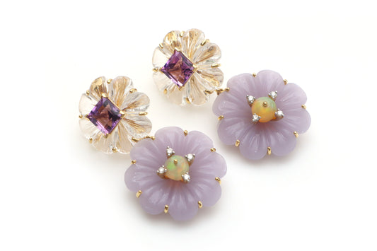 Natural Ethiopian Opal Smooth Balls and Amethyst Square Cut 14K gold earrings front view - NFJSD-1187