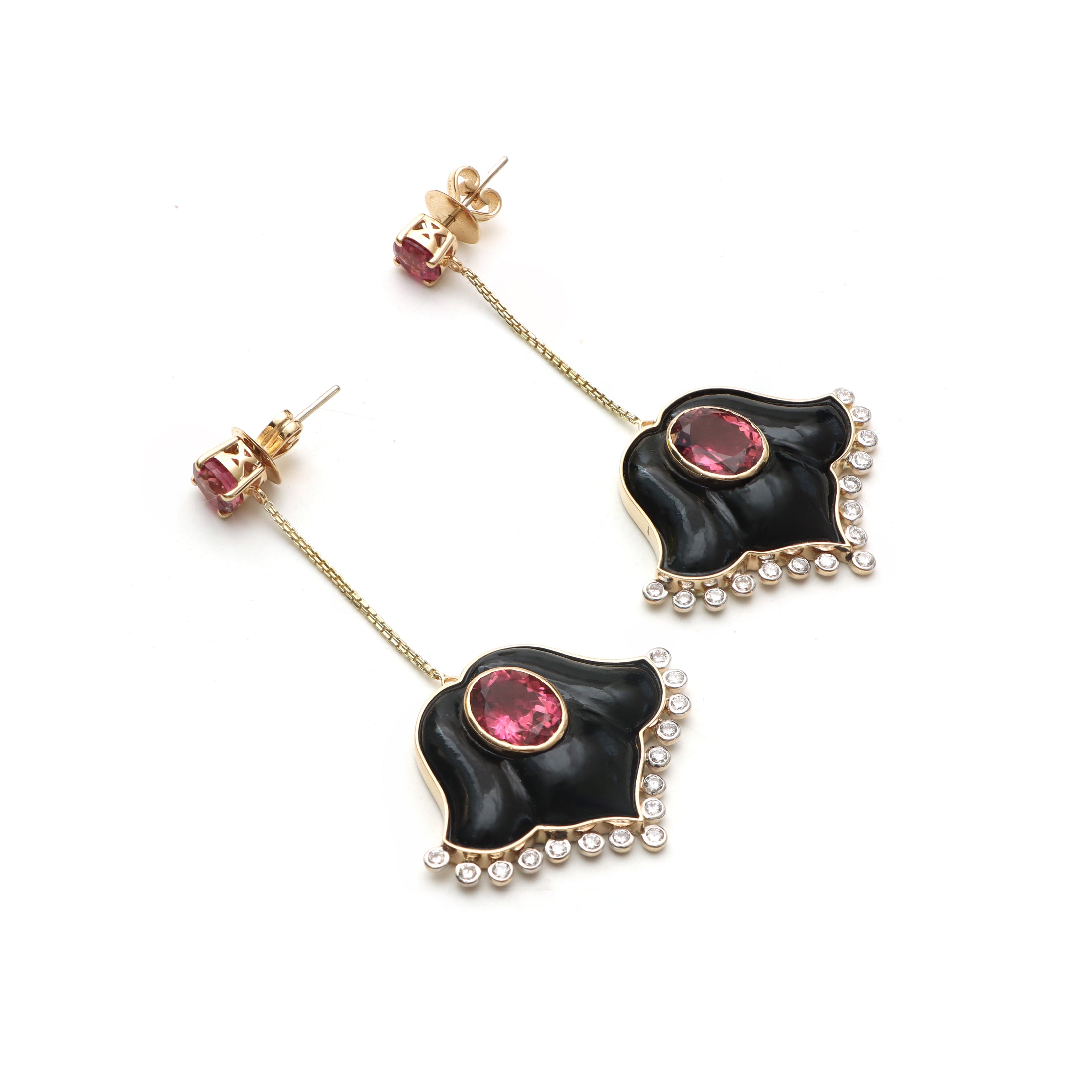 Natural Tourmaline Oval Cut and Black onyx Flower 14K gold earrings top view - NFJSD-1038