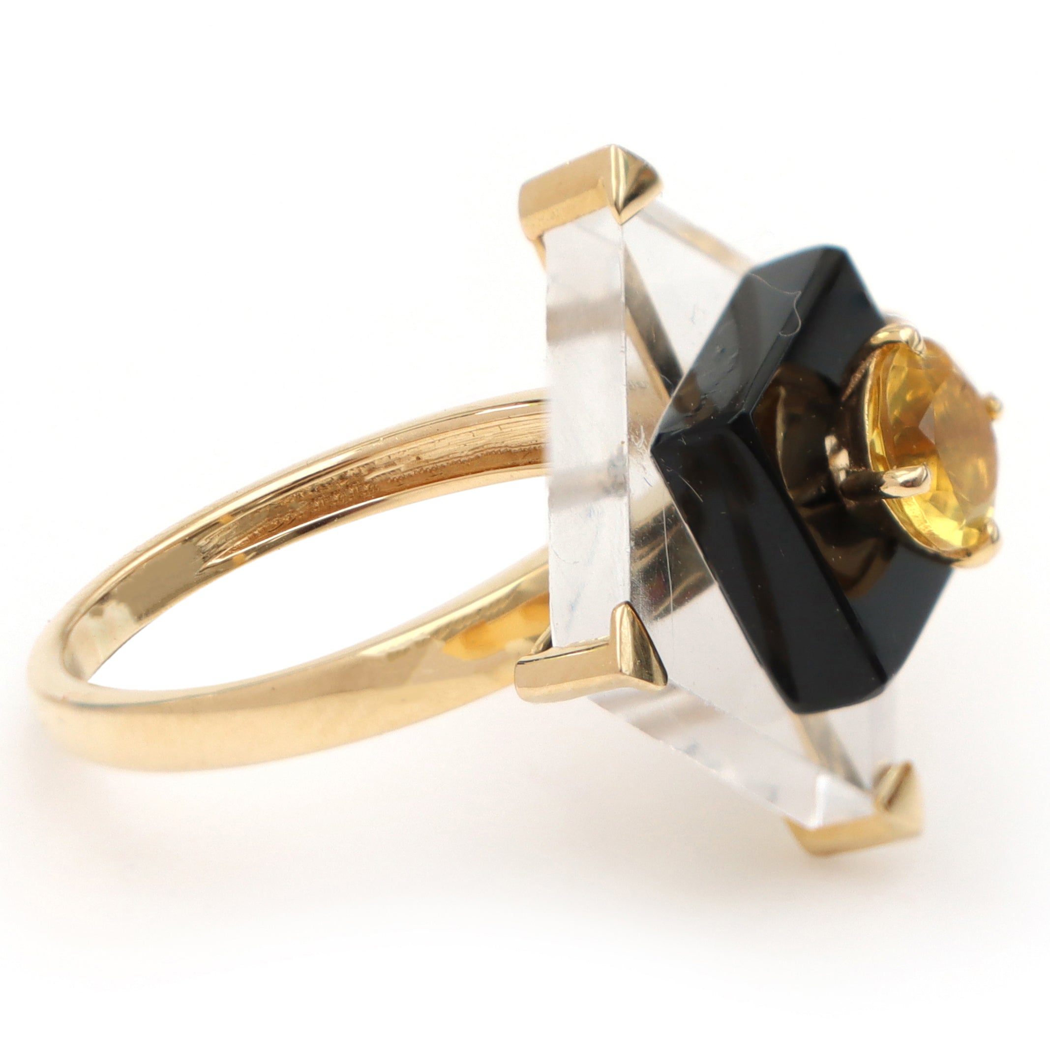 Natural Black onyx & Crystal Square Flat and Yellow Aquamarine Round Cut 14K gold ring top view - NFJSD-1041