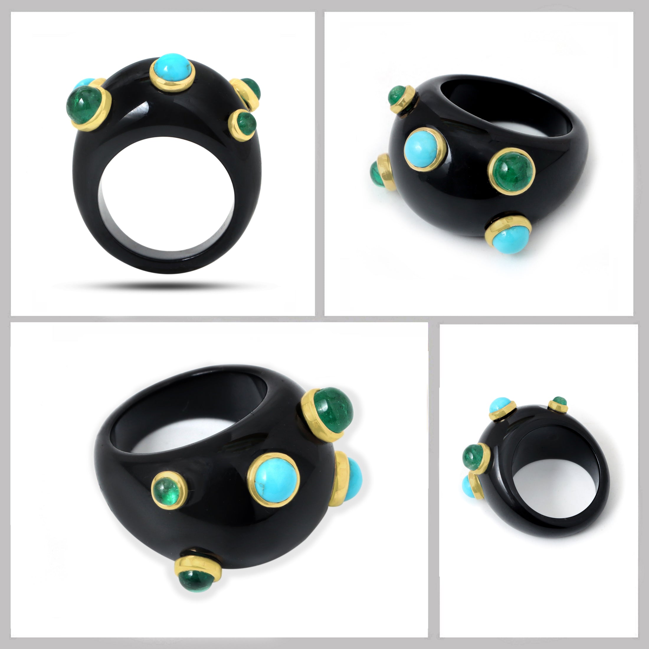 Natural Black Onyx and Turquoise & Emerald 14K gold ring side angle - NFJSD-1858