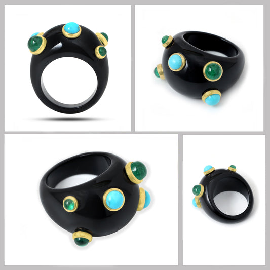 Natural Black Onyx and Turquoise & Emerald 14K gold ring side angle - NFJSD-1858