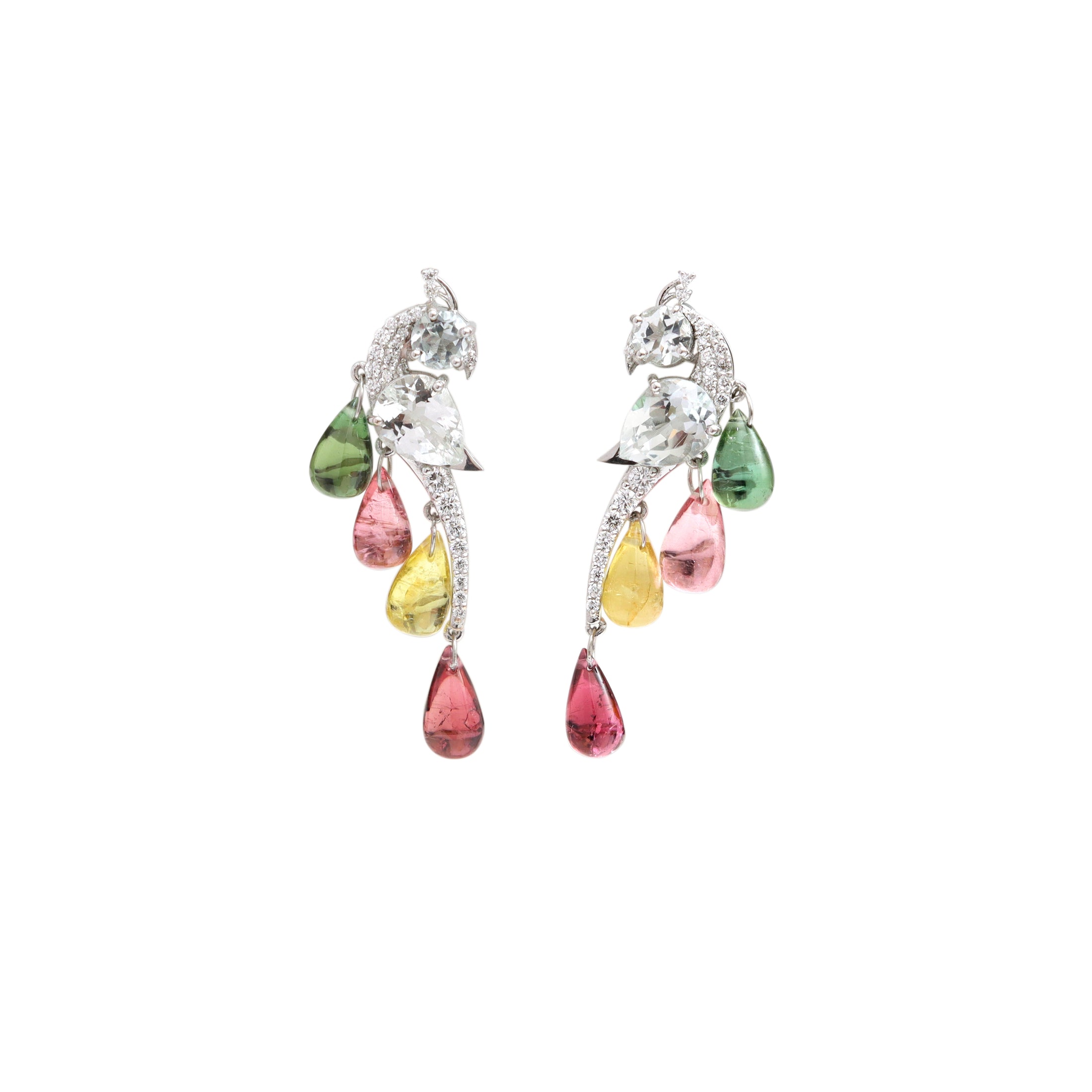 Natural Tourmaline and White Aquamarine 14K gold earrings front view - NFJSD-2014