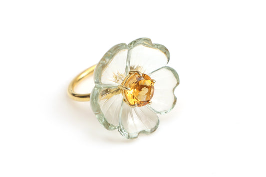 Natural Green Amethyst Flower and Citrine 14K gold ring front view - NFJSD-1516