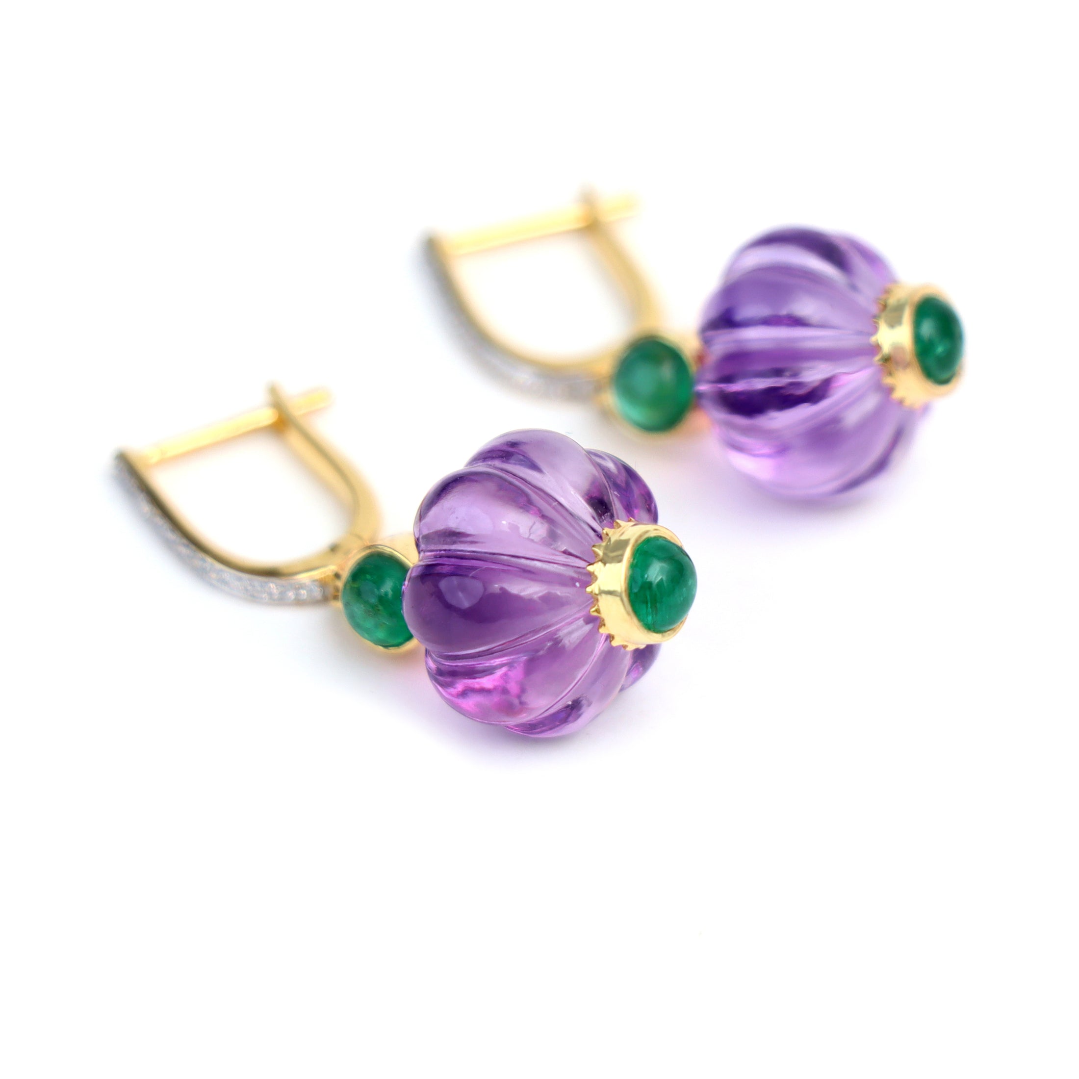 Natural Amethyst and Emerald 18K gold earrings lifestyle shot - NFJSD-1777