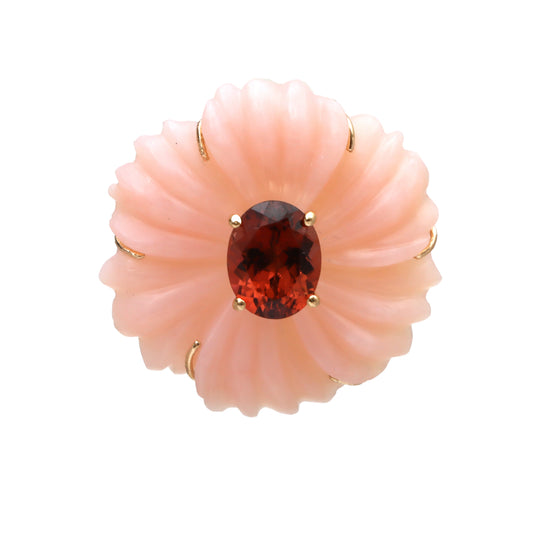 Natural Pink Opal and Tourmaline 14K gold pendant top view - NFJSD-1744
