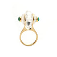 Load image into Gallery viewer, Natural Crystal Quartz Carving and Emerald Round Cabs 14K gold ring side angle - NFJSD-1011
