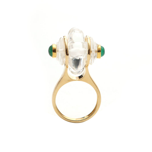 Natural Crystal Quartz Carving and Emerald Round Cabs 14K gold ring side angle - NFJSD-1011