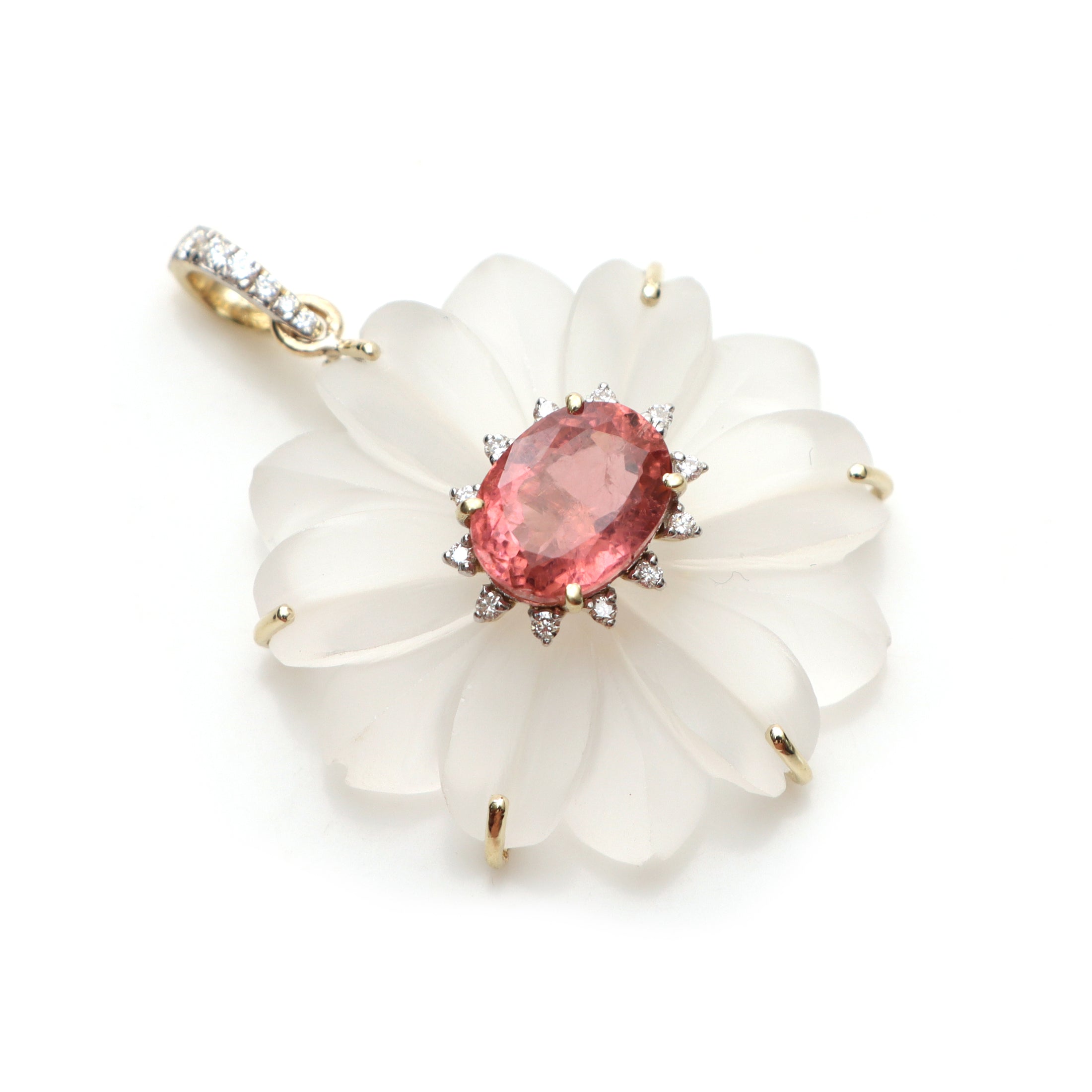 Natural Pink Tourmaline Oval Cut and Crystal Carving Flower 14K gold pendant front view - NFJSD-1209
