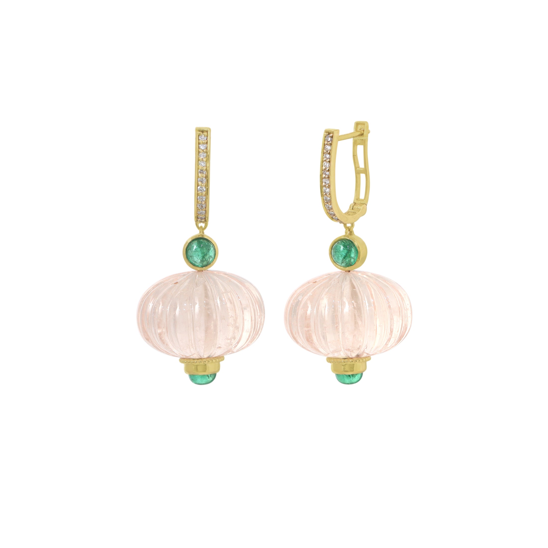 Natural Morganite and Emerald 14K gold earrings close-up detail - NFJSD-1930