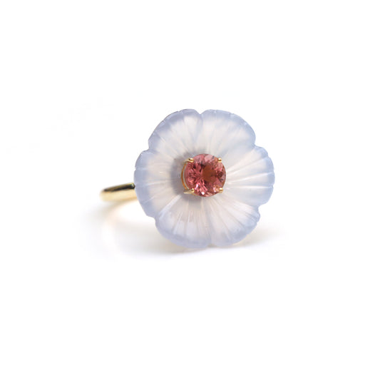 Natural Crystal Quartz Carving and Pink Tourmaline 14K gold ring front view - NFJSD-1564